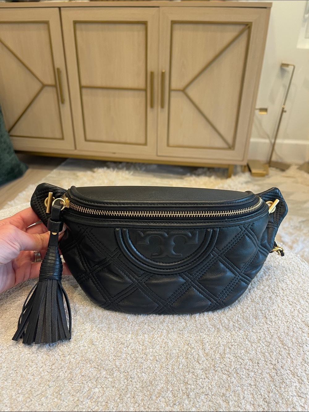 Tory Burch Black Fleming Quilted Leather Belt Bag with Tassel